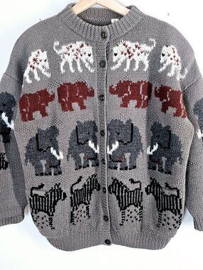 Vintage 80s Safari Animal Elephant Hand Knit Wool Button Up Cardigan Sweater M